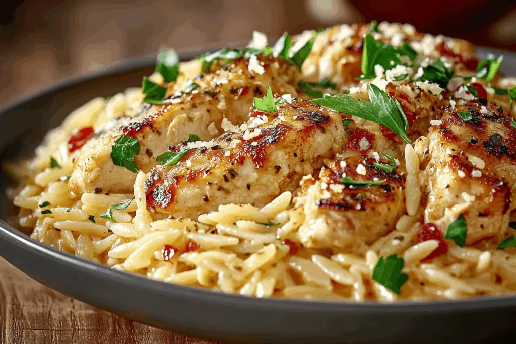 Tender Chicken Orzo with a Parmesan Finish