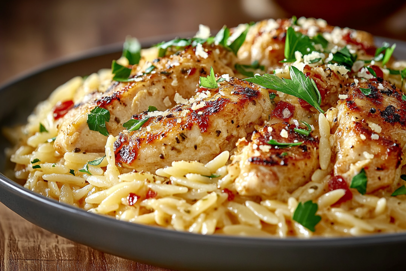 Tender Chicken Orzo with a Parmesan Finish