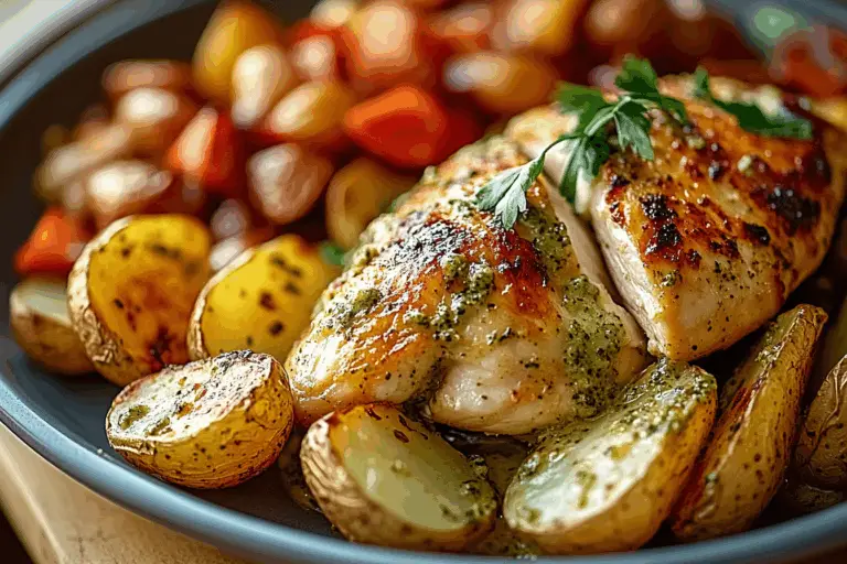 Tuscan Garlic Chicken with Crispy Potatoes & Creamy Roasted Red Pepper Pesto Alfredo