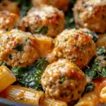 Zesty Turkey & Ricotta Meatballs with Garlic Spinach Rigatoni