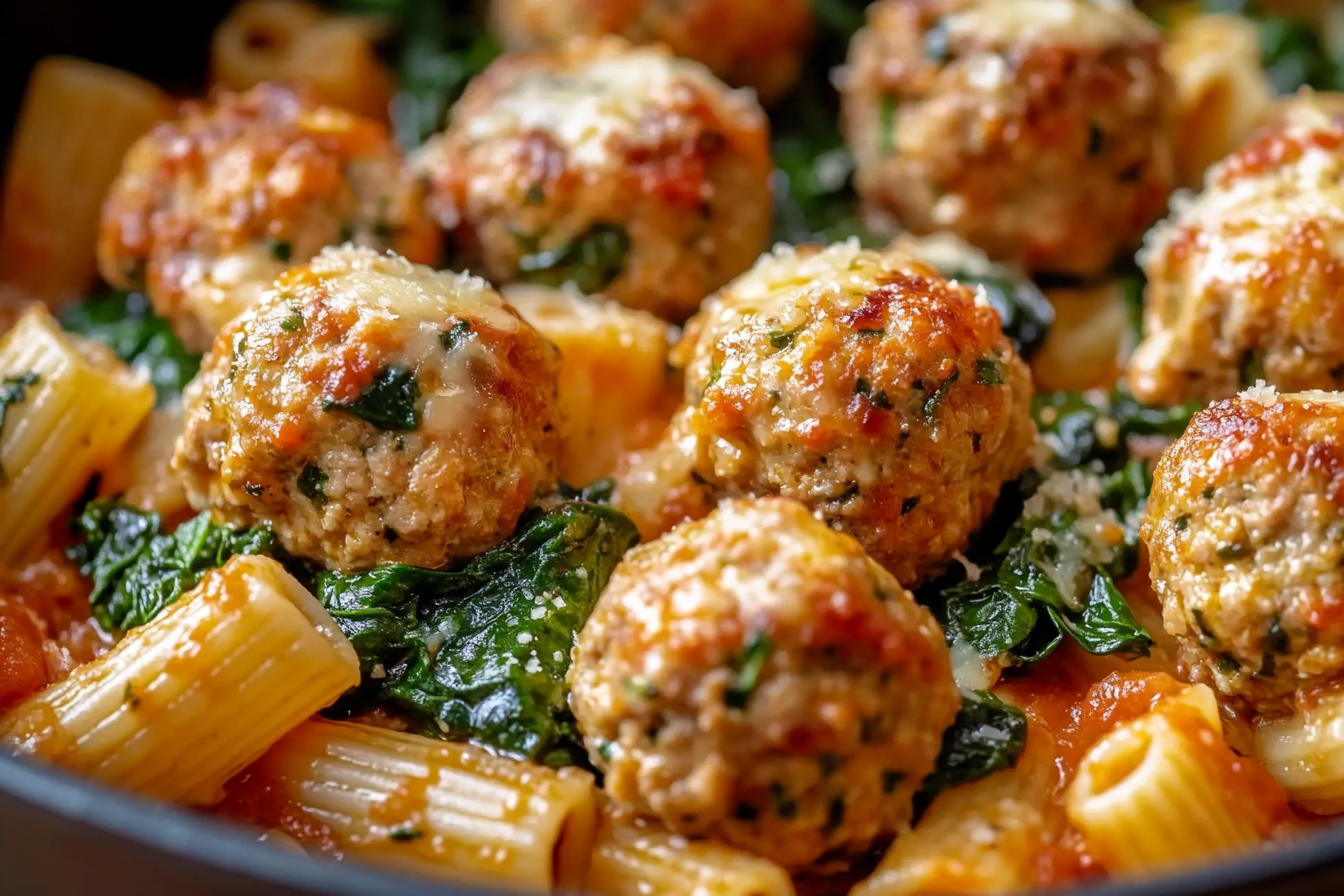 Zesty Turkey & Ricotta Meatballs with Garlic Spinach Rigatoni