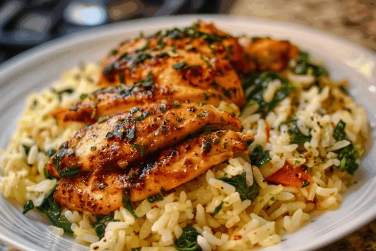 Creamy Parmesan Spinach Rice with Spicy Garlic Chicken