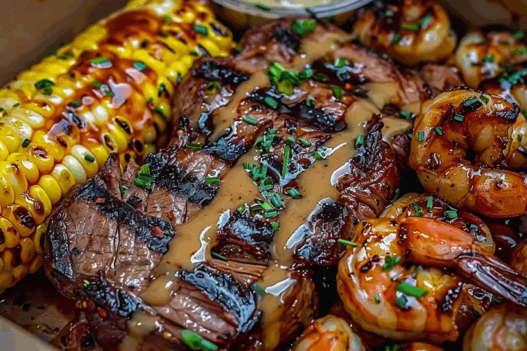 Grilled Steak Honey BBQ Wings and Cajun Shrimp with Corn on the Cob