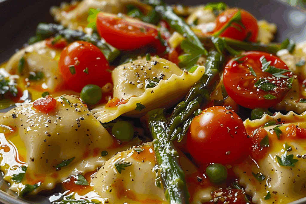 Ravioli with Tomatoes Asparagus Garlic and Herbs