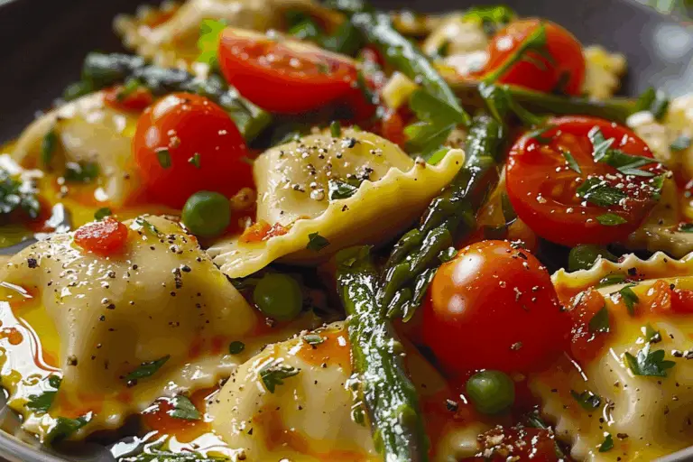 Ravioli with Tomatoes Asparagus Garlic and Herbs