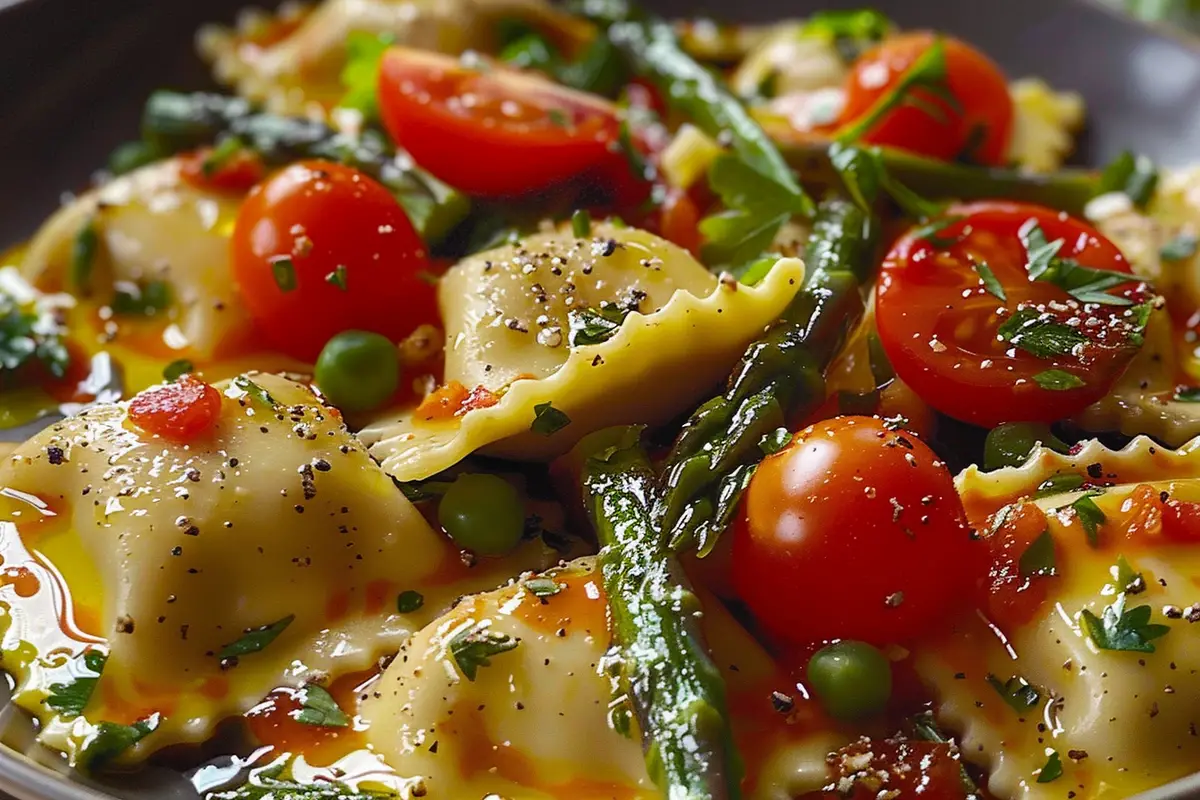 Ravioli with Tomatoes Asparagus Garlic and Herbs
