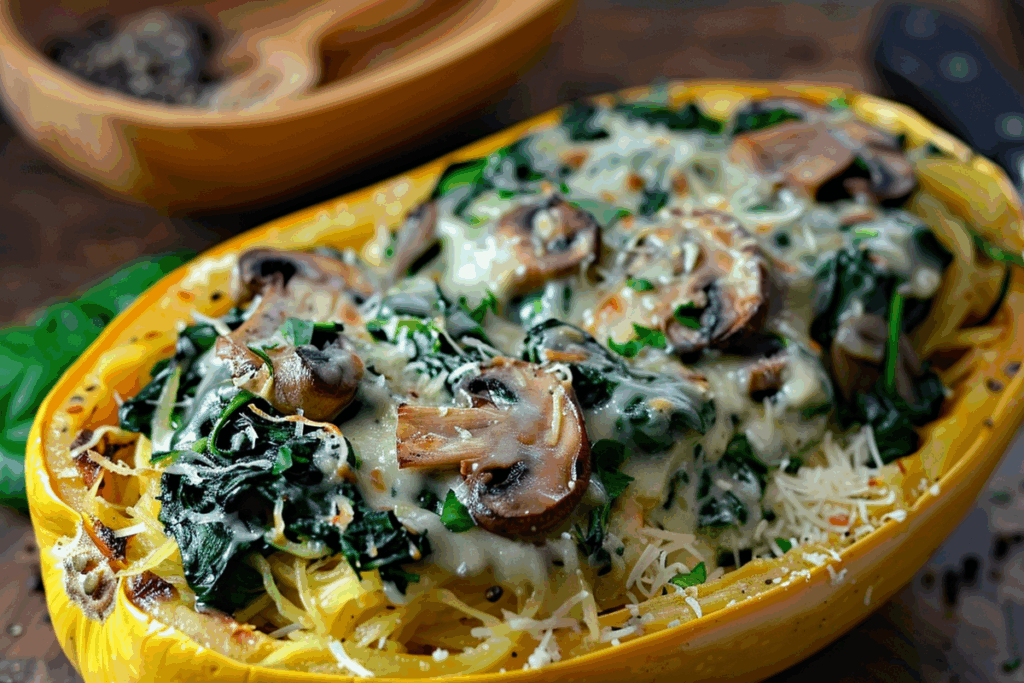 Creamy Spinach and Mushroom Stuffed Spaghetti Squash