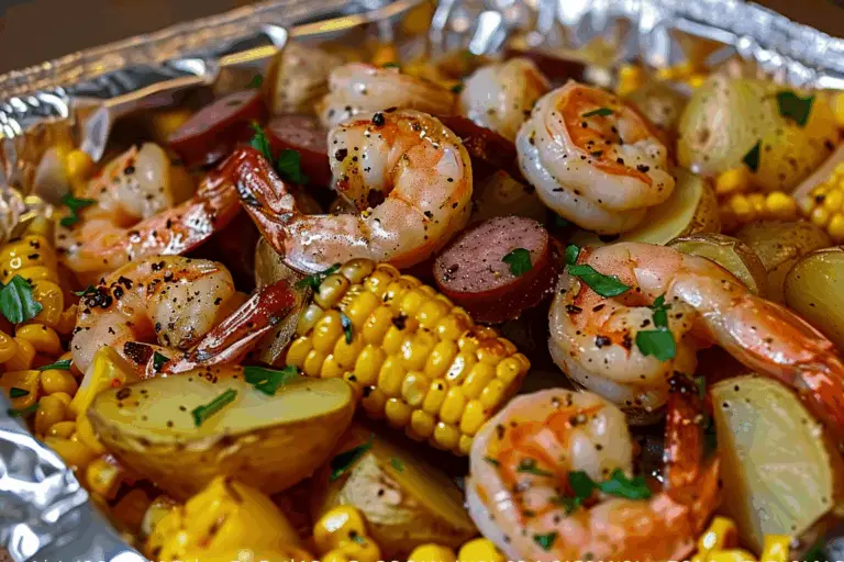 Shrimp Corn Potatoes and Smoked Sausage Foil Pack