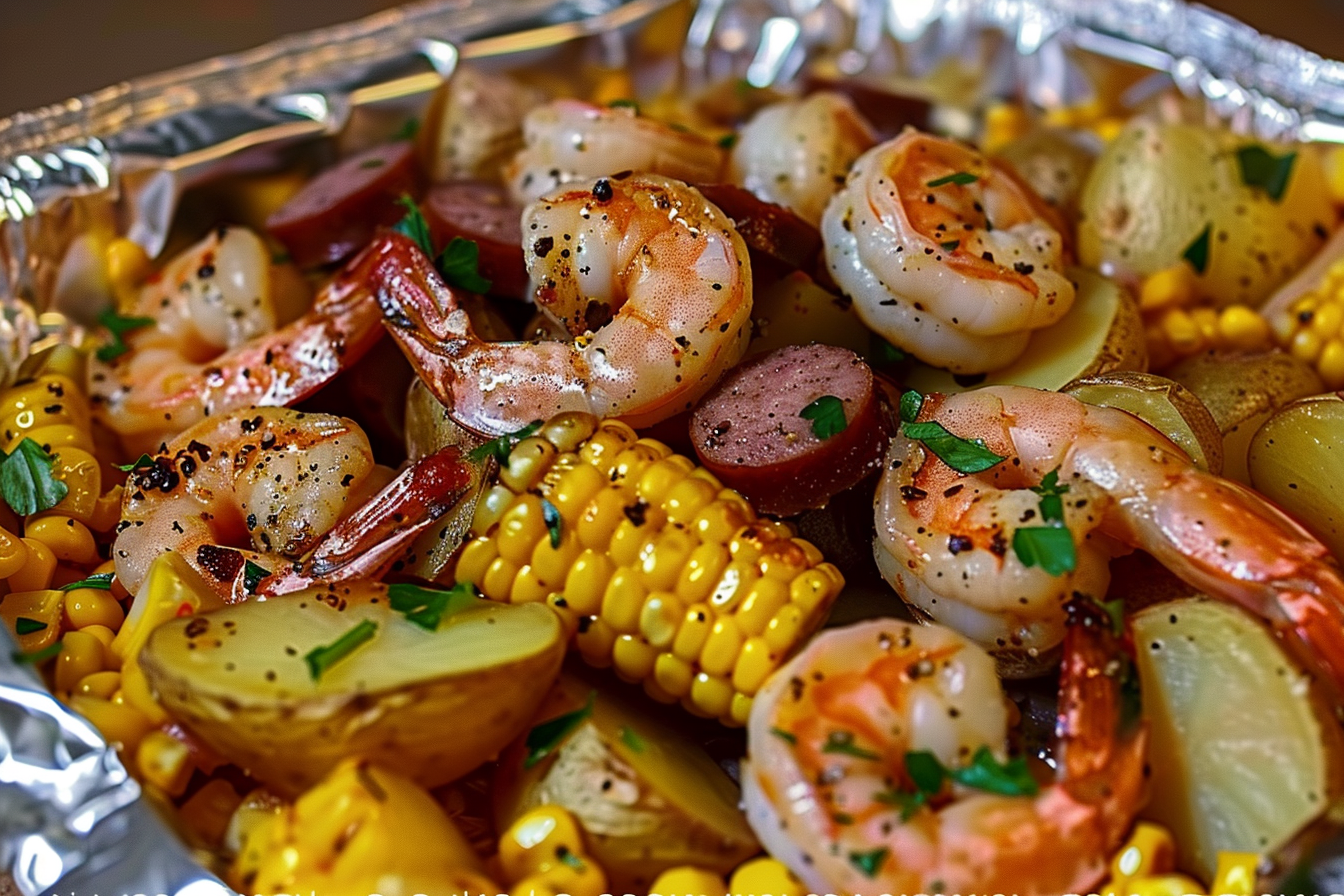 Shrimp Corn Potatoes and Smoked Sausage Foil Pack