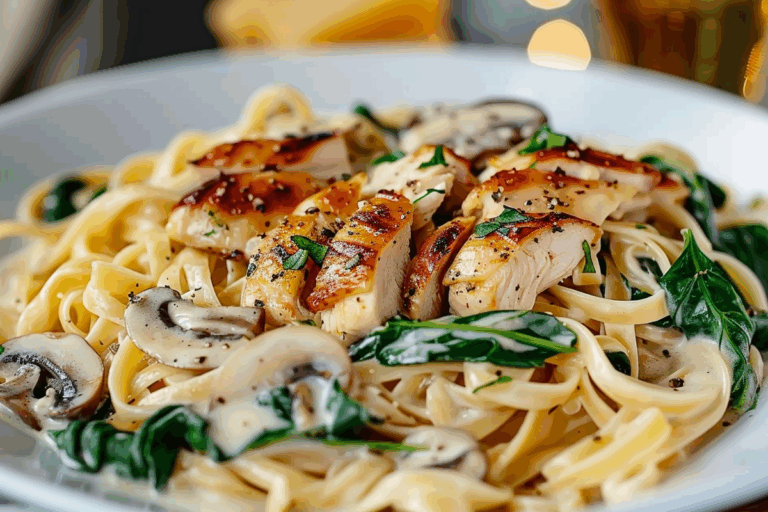 Creamy Mushroom Fettuccine with Chicken and Spinach