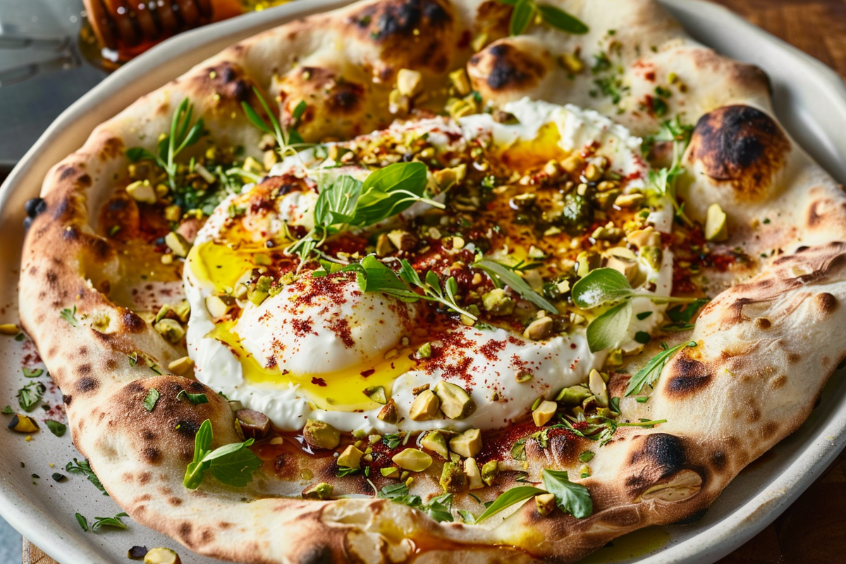 Rustic Burrata Flatbread with Chili Honey and Pistachios