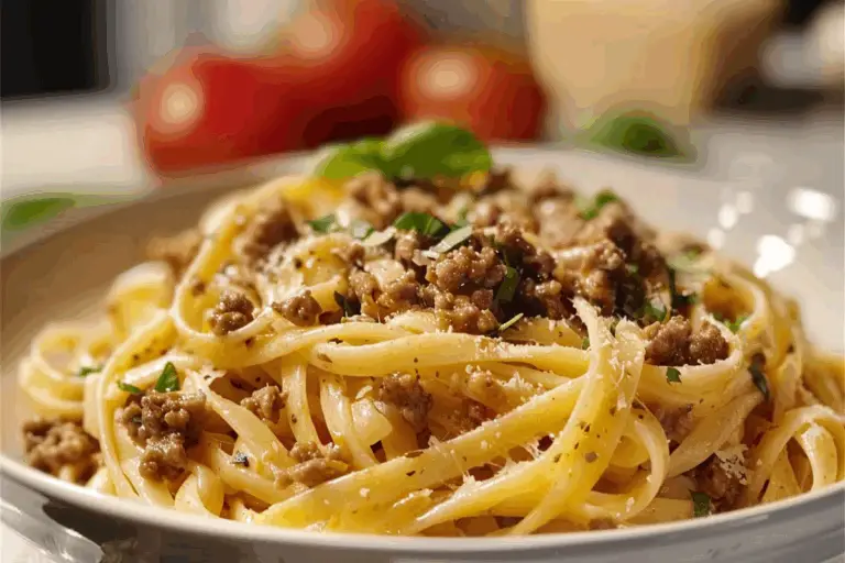 Garlic Butter Ground Beef Linguine in Creamy Parmesan Sauce