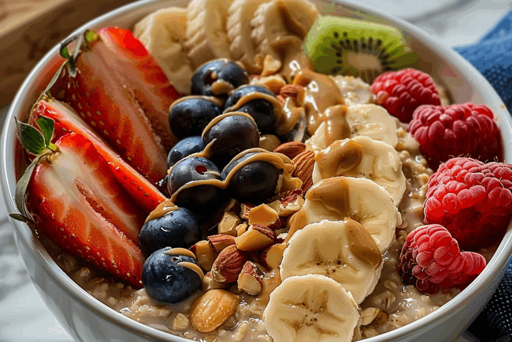 Creamy Oatmeal Bowl with Fruit Nuts & Peanut Butter