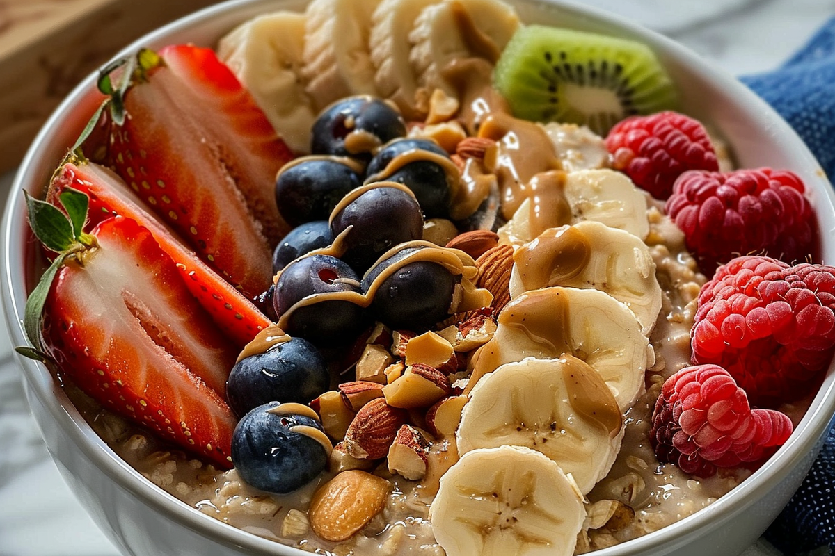 Creamy Oatmeal Bowl with Fruit Nuts & Peanut Butter