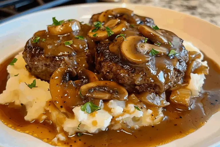 Salisbury Steak with Garlic Mashed Potatoes and Mushroom Onion Gravy