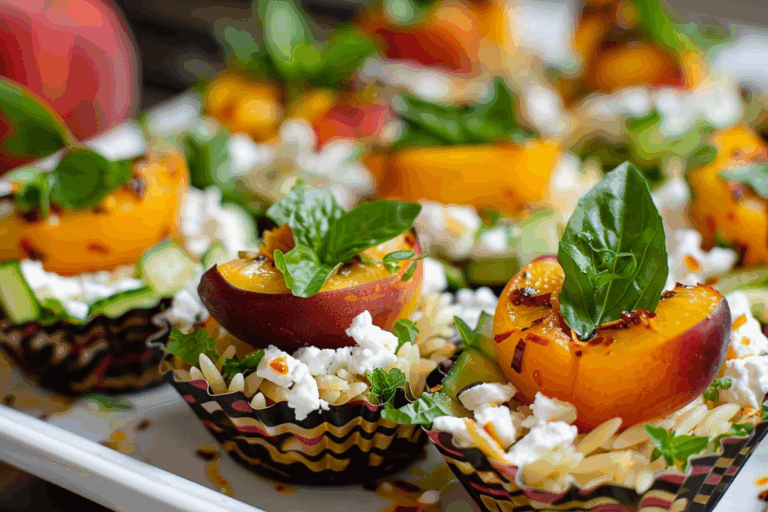 Swicy Orzo Salad Cups with Whipped Feta & Roasted Chili Peaches