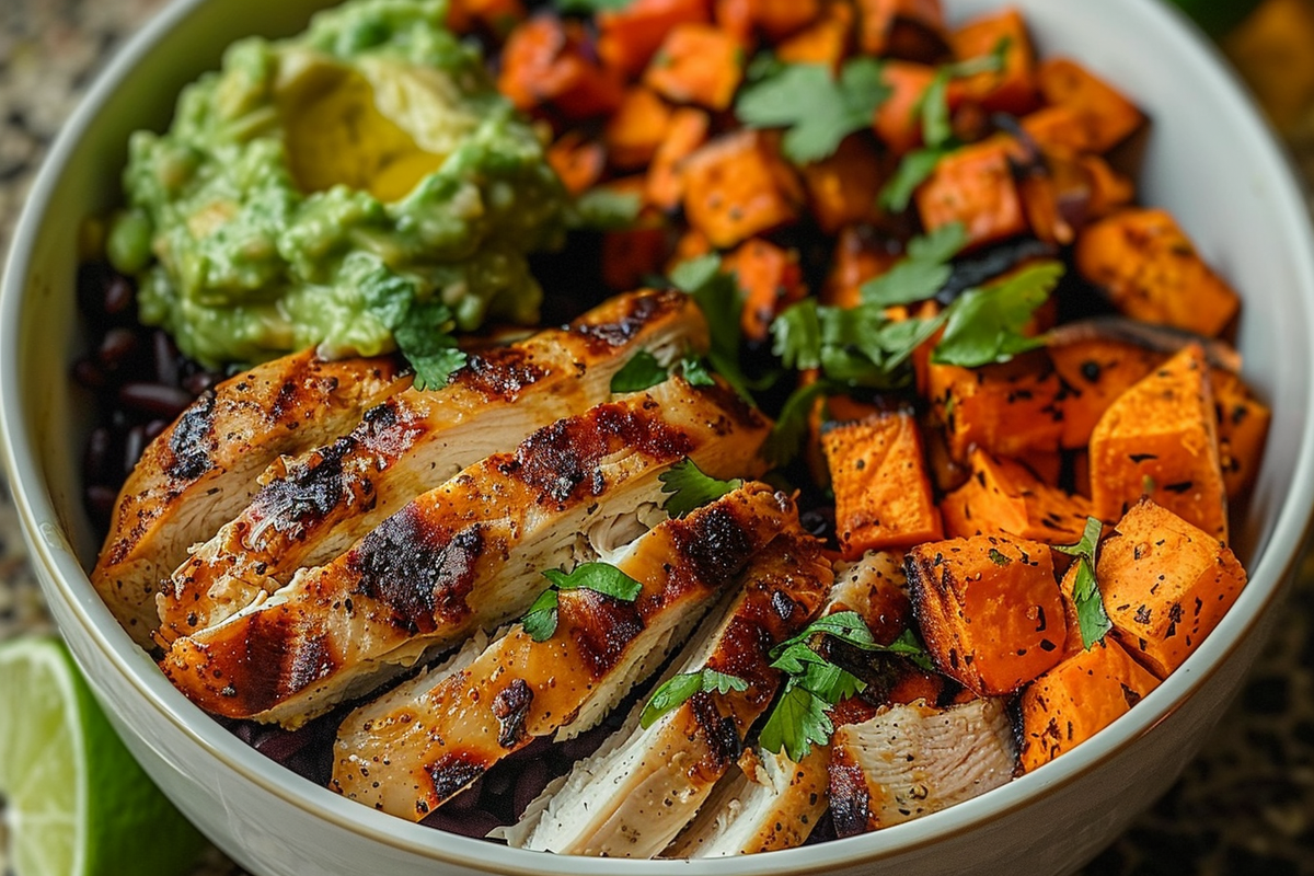 Zesty Grilled Chicken Power Bowl with Guac & Sweet Potato Magic