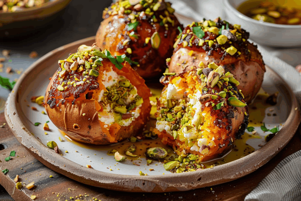 Feta-Stuffed Sweet Potato Bombs with Pistachio Crunch
