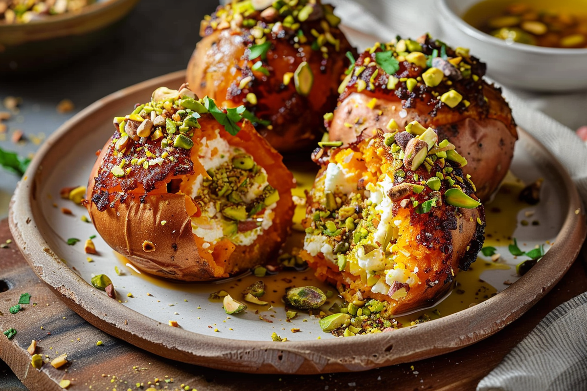 Feta-Stuffed Sweet Potato Bombs with Pistachio Crunch
