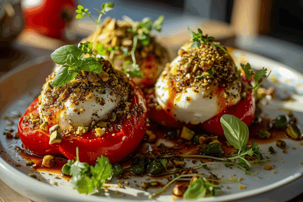 Roasted Pepper Burrata Bombs with Pistachio-Chili Crumble
