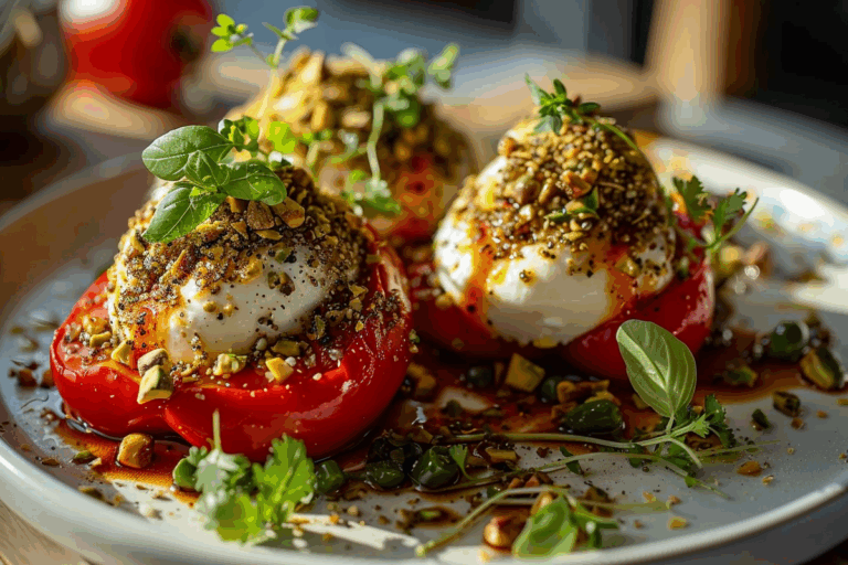 Roasted Pepper Burrata Bombs with Pistachio-Chili Crumble