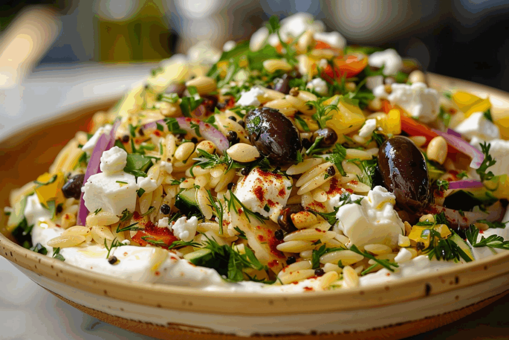 Swicy Orzo Salad on a Whipped Feta Cloud