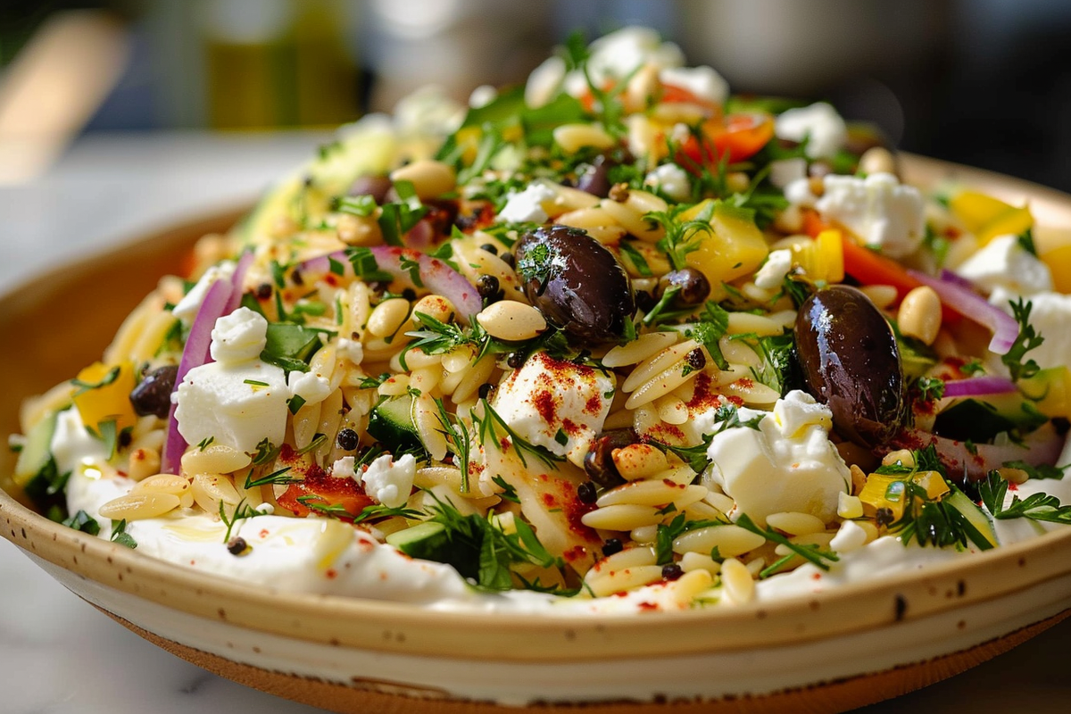 Swicy Orzo Salad on a Whipped Feta Cloud