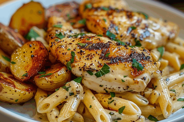Pan-Seared Chicken with Creamy Penne and Roasted Potatoes