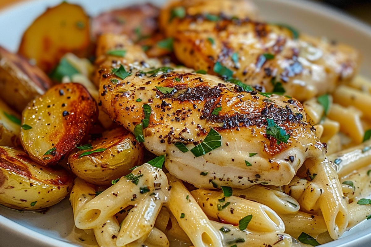 Pan-Seared Chicken with Creamy Penne and Roasted Potatoes