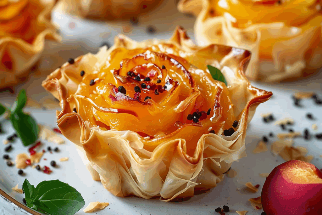 Swicy Peach and Phyllo Rose Tartlets