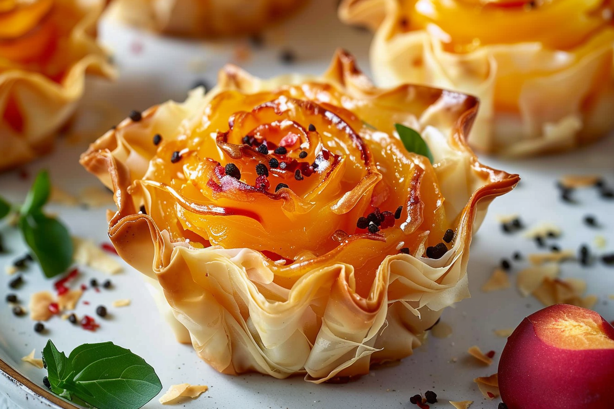 Swicy Peach and Phyllo Rose Tartlets
