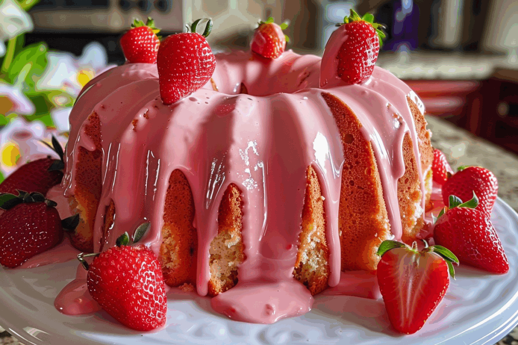 Strawberry Cream Cheese Pound Cake with Pink Glaze