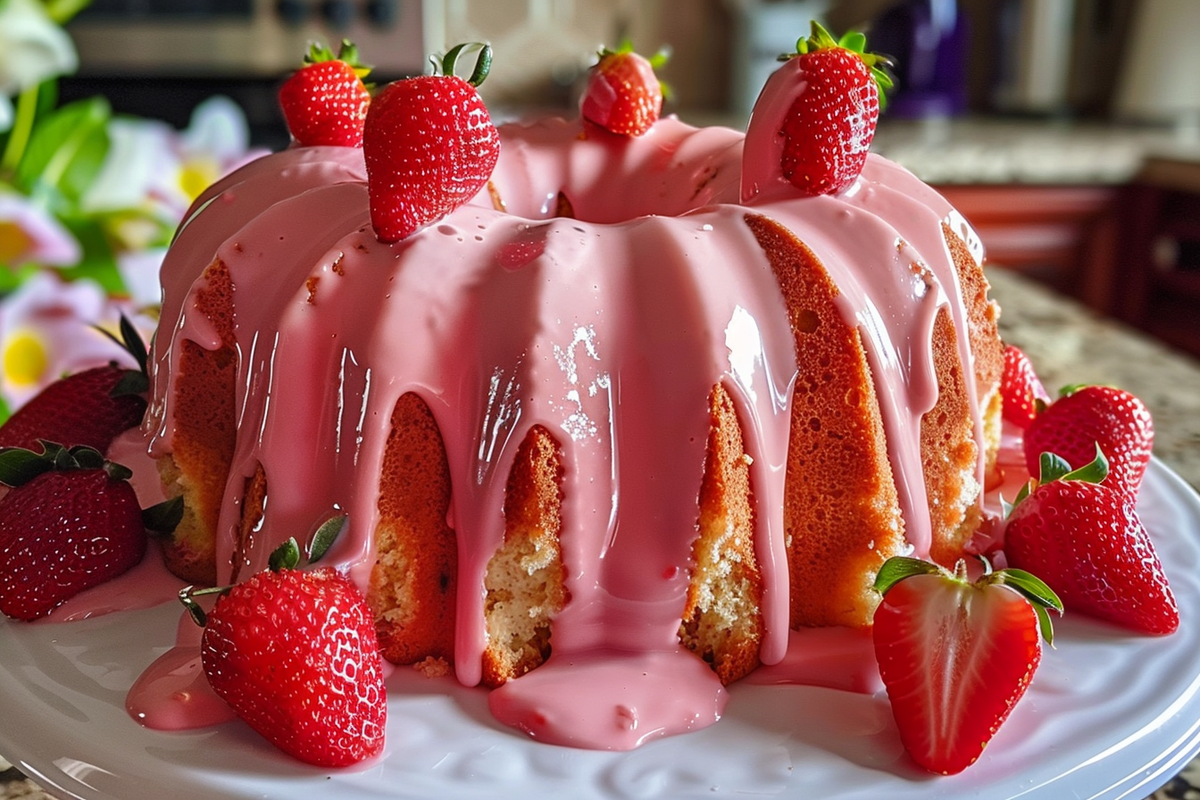 Strawberry Cream Cheese Pound Cake with Pink Glaze