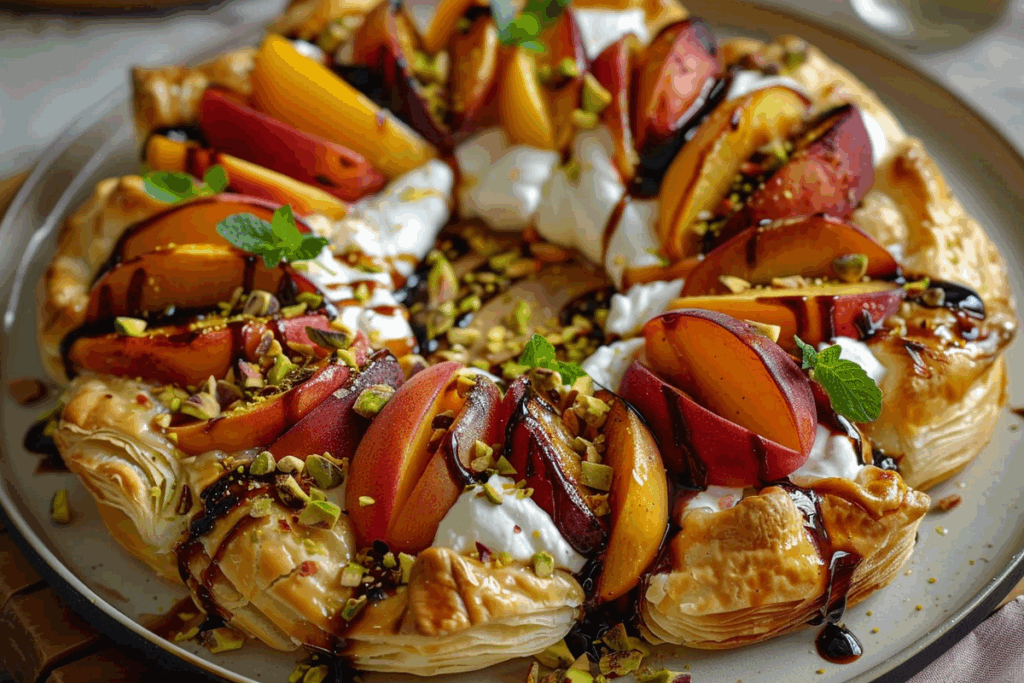 Crowned Puff Pastry Wreath with Burrata Grilled Peaches & Pistachios