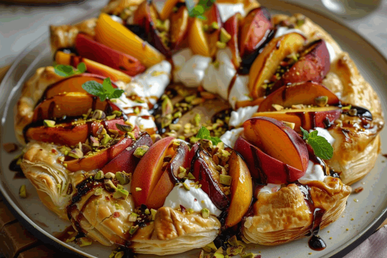 Crowned Puff Pastry Wreath with Burrata Grilled Peaches & Pistachios