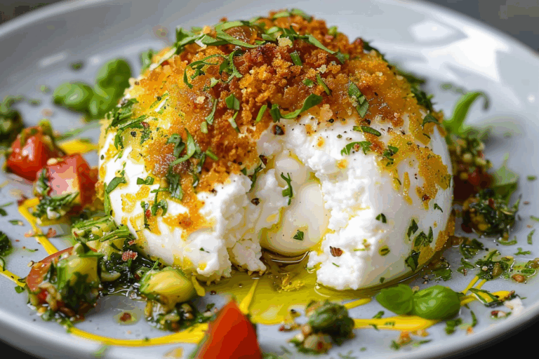 Crispy Burrata Bomb with Whipped Goat Cheese & Herb Core