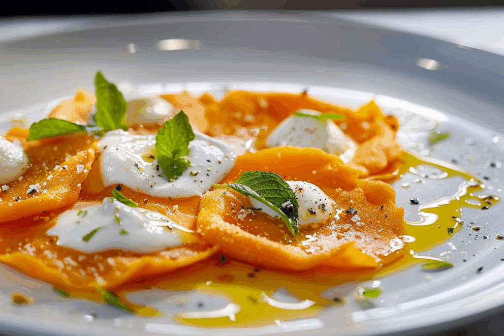 Invisible Sweet Potato Ravioli with Feta-Mint Mousse
