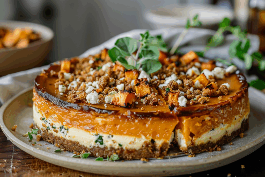 Roasted Sweet Potato & Goat Cheese Cheesecake with Feta Brittle