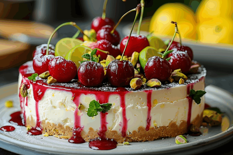 Zesty Lemon Lime Cherry Pistachio Cheesecake