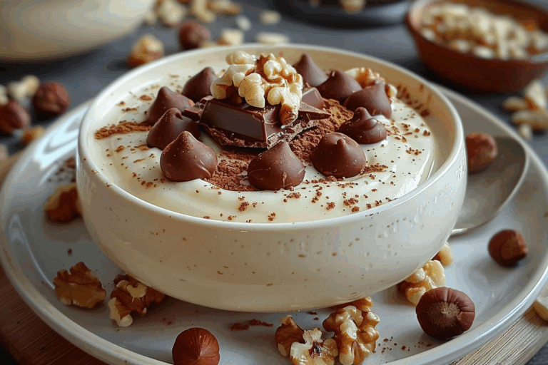 Creamy Vanilla Pudding with Milk Chocolate & Hazelnut Topping