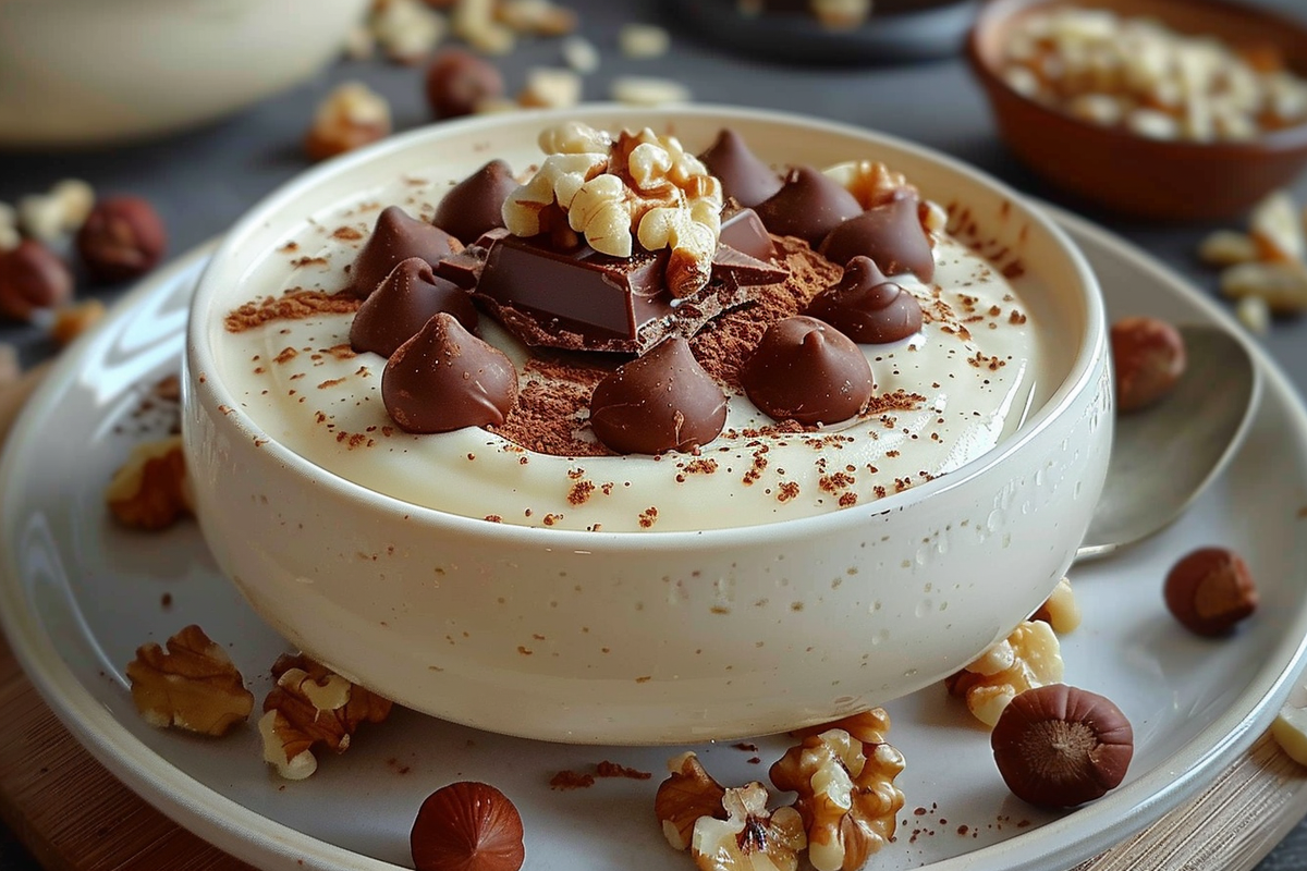 Creamy Vanilla Pudding with Milk Chocolate & Hazelnut Topping
