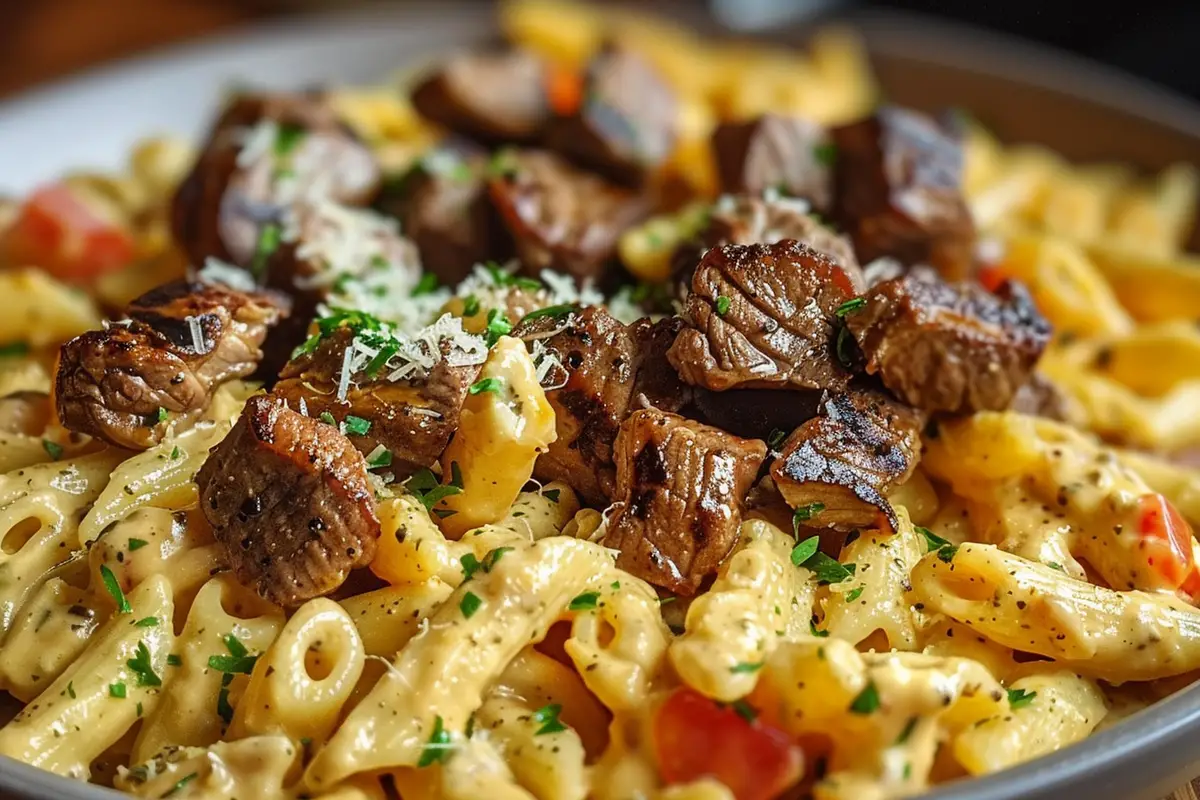 Cajun Steak Tips in Cheesy Penne Parmesan Sauce