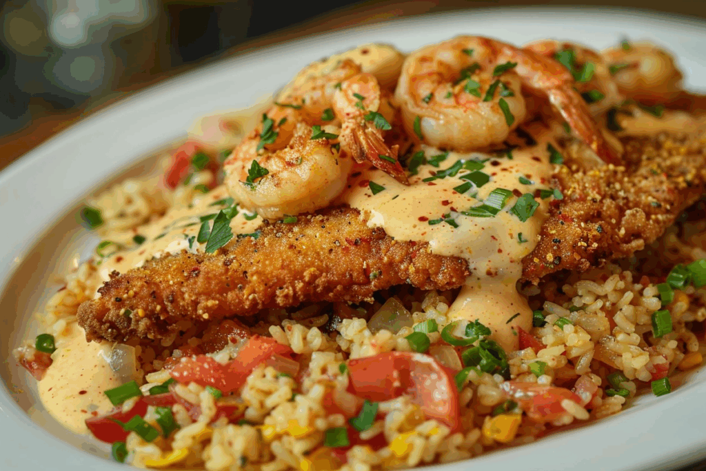 Fried Catfish Over Dirty Rice With Cajun Shrimp Cream Sauce
