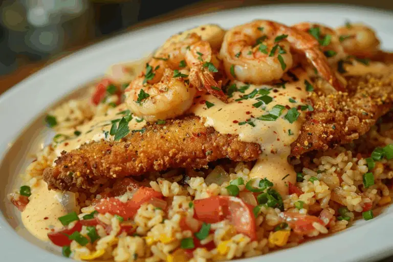 Fried Catfish Over Dirty Rice With Cajun Shrimp Cream Sauce