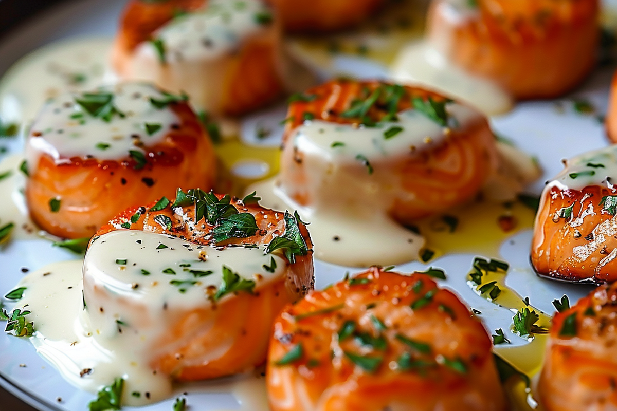 Salmon Bites with Garlic Cream Sauce