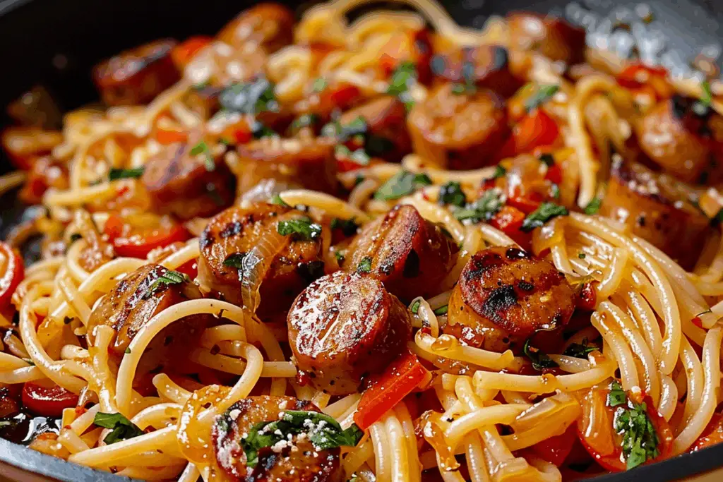 Sticky Honey Garlic Sausage Pasta Skillet