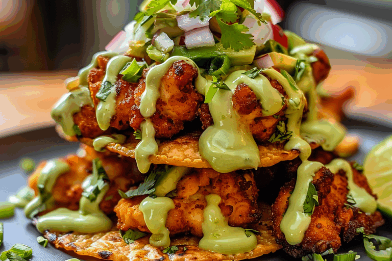 Crispy Honey Lime Chicken Tostada Towers with Avocado Lime Drizzle