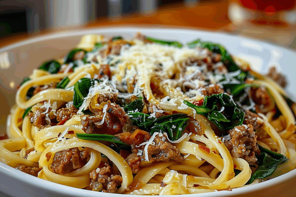 Cheesy Garlic Butter Linguine with Beef, Sausage & Spinach