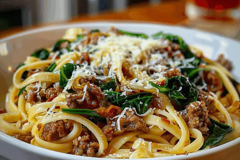 Cheesy Garlic Butter Linguine with Beef, Sausage & Spinach
