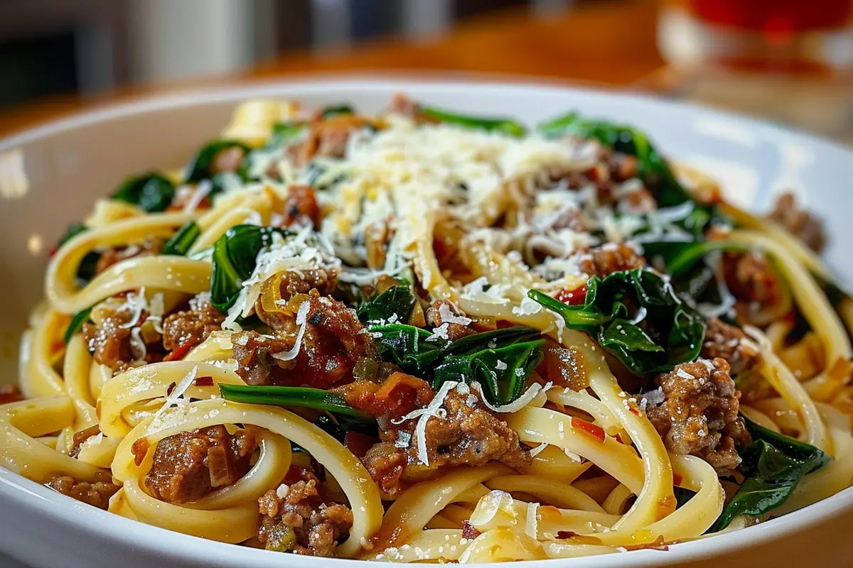 Cheesy Garlic Butter Linguine with Beef, Sausage & Spinach